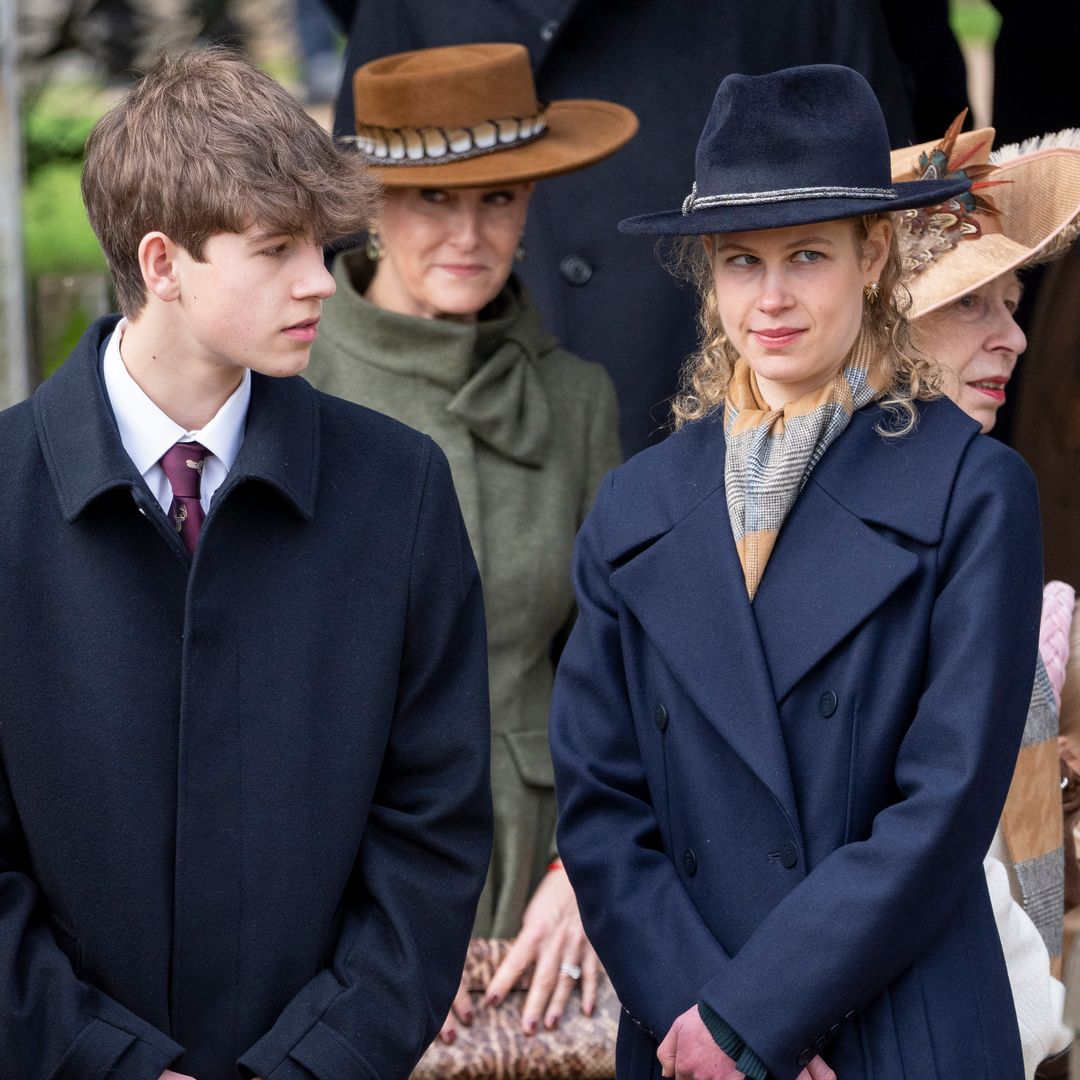 SANDRINGHAM, NORFOLK - DECEMBER 25:  James, Earl of Wessex and Lady Louise Windsor attend the Christmas Day service at St Mary Magdalene Church on December 25, 2023 in Sandringham, Norfolk. (Photo by Mark Cuthbert/UK Press via Getty Images)