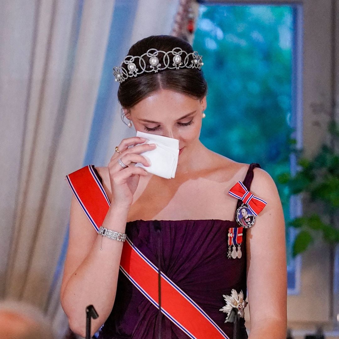 Norway's Princess Ingrid Alexandra (R) reacts next to her father, Norway's Crown Prince Haakon, as she delivers a speech during a gala dinner for her 18th birthday in Oslo on June 17, 2022. Princess Ingrid Alexandra turned 18 on January 21, 2022. The celebrations were postponed until June due to the infection situation and coronavirus restrictions. (Photo by HÃ¥kon Mosvold Larsen / NTB / AFP) / Norway OUT (Photo by HAKON MOSVOLD LARSEN/NTB/AFP via Getty Images)