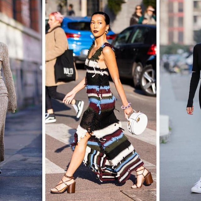 collage de street stylers con vestidos de punto largos
