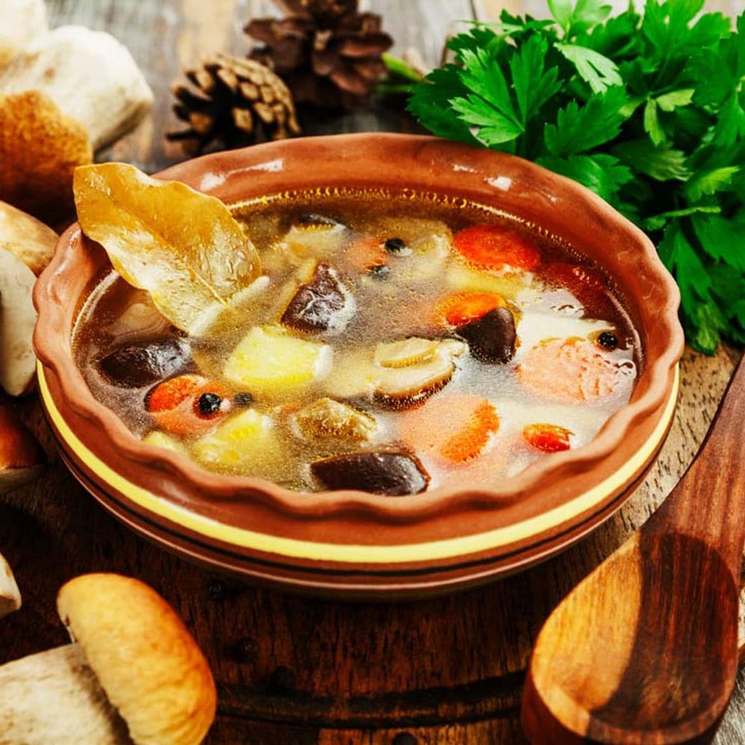 Sopa de verduras con boletus