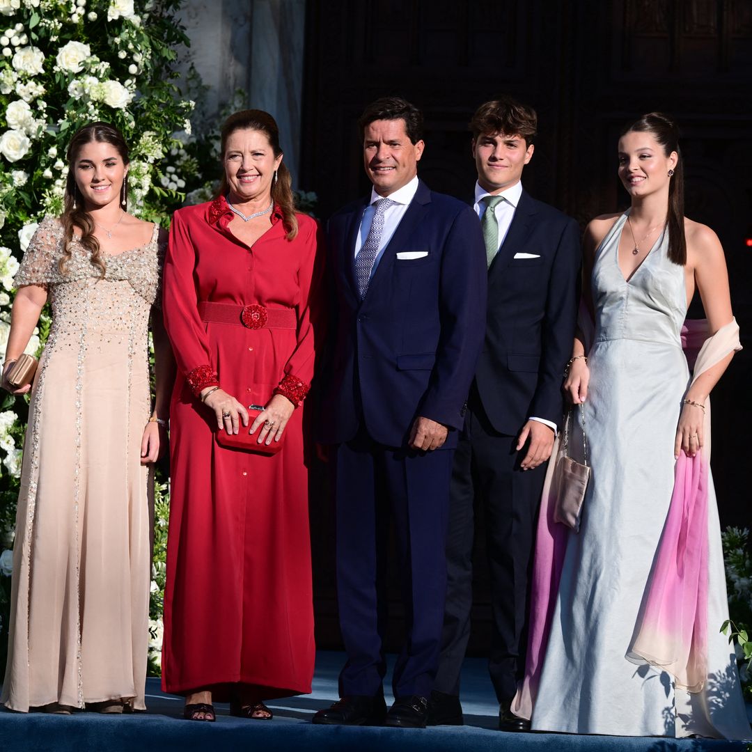 Princess Alexia of Greece and Carlos Morales with their children Arrietta, Ana Maria, Carlos and Amelia during wedding of Princess Theodora of Greece and Matthew Kumar in Athens, Greece, on September 28 2024