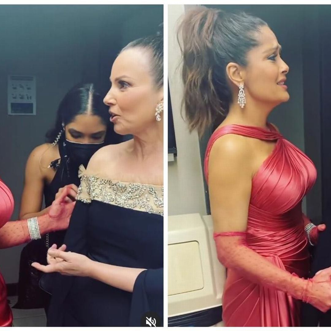 ¡Oh, no! El guante de Salma Hayek quedó enganchado al vestido de la ‘Nana Fine’