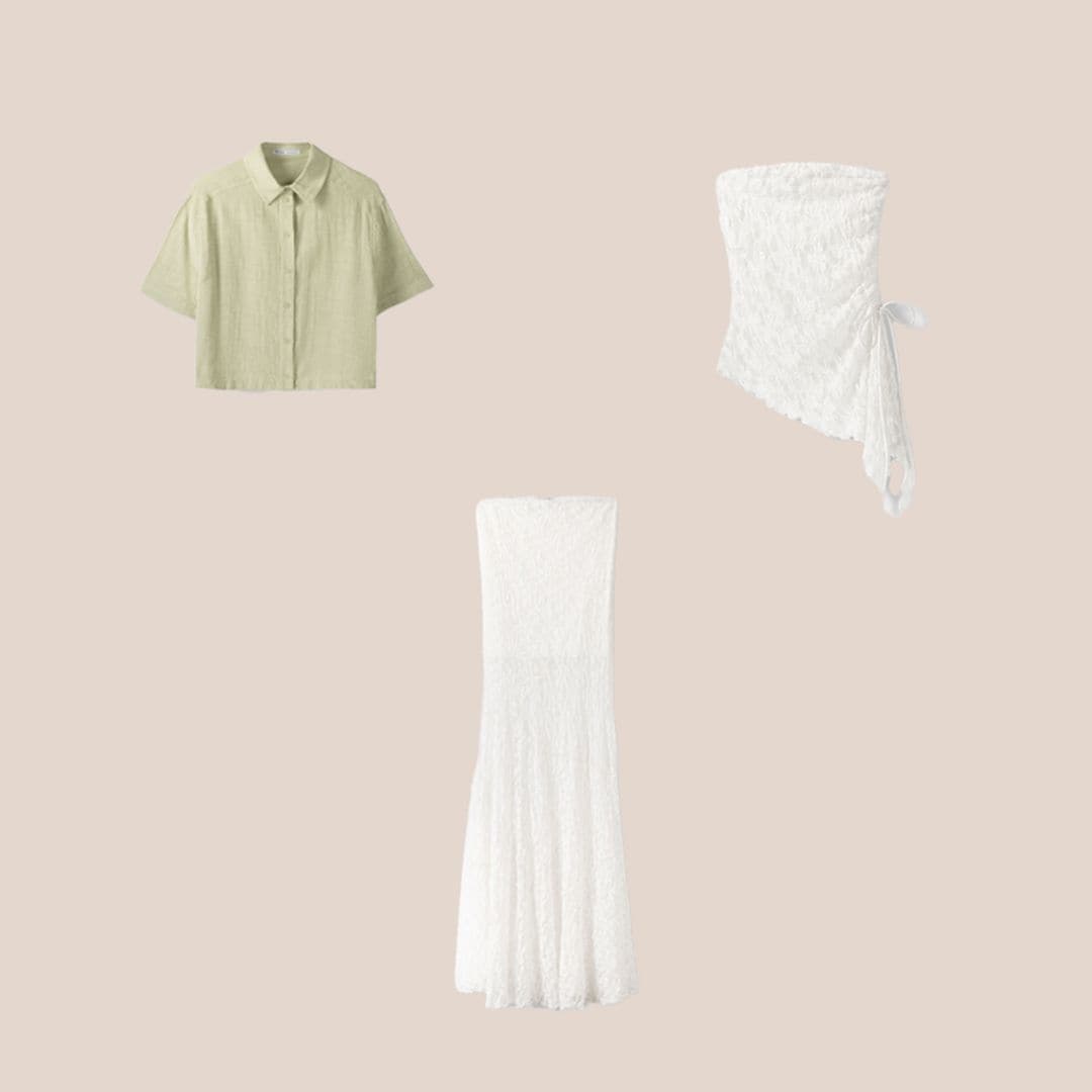 falda midi de encaje blanco, top asimétrico de encaje blanco y camisa cropped verde de manga corta