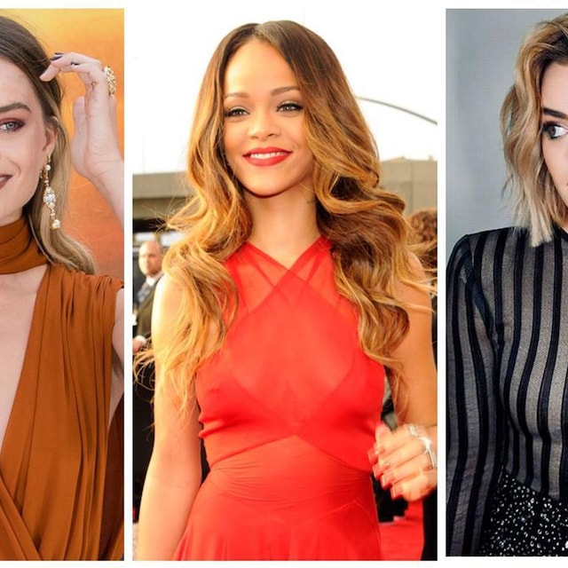 collage de margot robbie junto a rihanna y lucy hale luciendo unas balayage