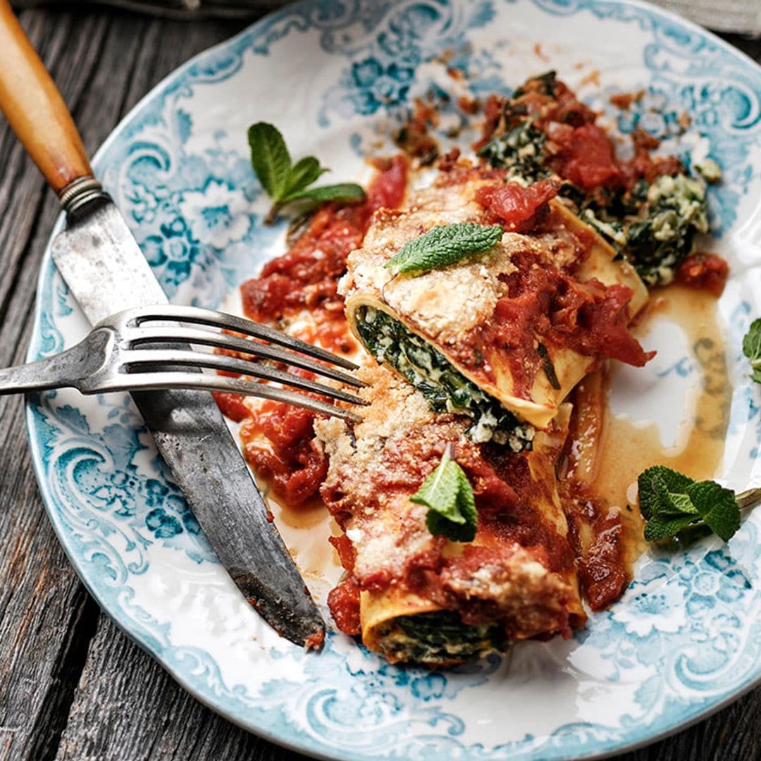 Canelones de queso fresco de cabra con acelgas y menta