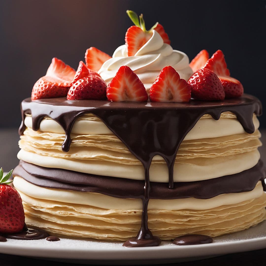 Tarta de crepes con crema de plátano, chocolate y fresas.