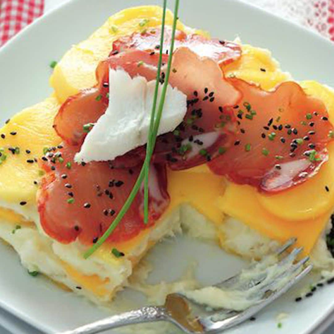 Lasaña fría de bacalao y mango