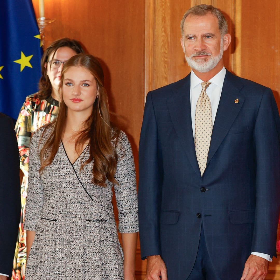 Spanish King Felipe VI with daughters Princess of Asturias Leonor de Borbon, during an audience with the winners of finally college career of Oviedo University awards in Oviedo, on Friday 25 October 2024.