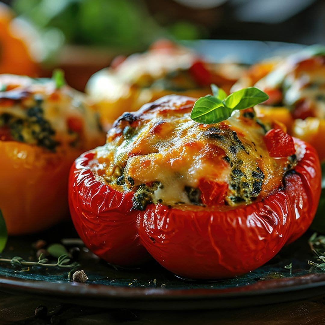 Pimientos rellenos de brócoli, alcaparras y bechamel vegana