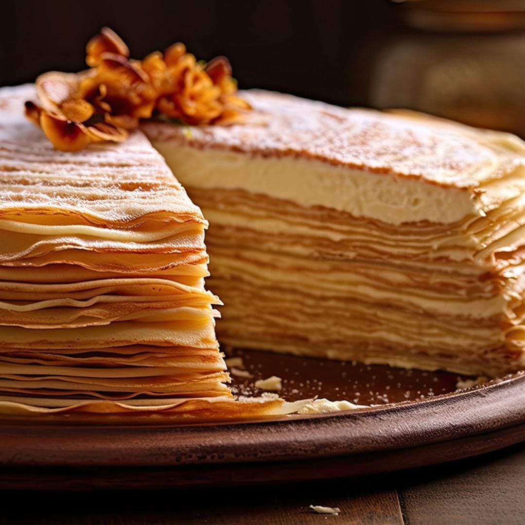 Tarta milhojas de crepes con crema pastelera y nata montada