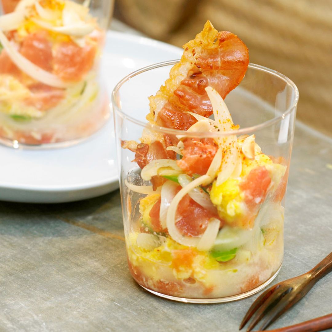 Vasito de ensalada con jamón de Teruel crocante