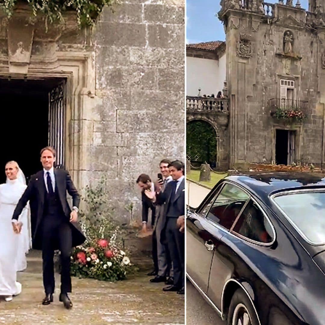 El espectacular coche de los novios, la banda de gaiteros y todos los detalles de la boda de Lucía Bárcena y Marco Juncadella