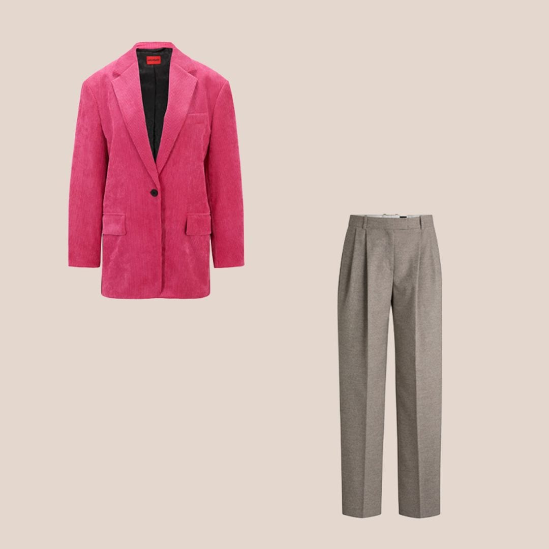 Traje de blazer rosa de pana y pantalones beige