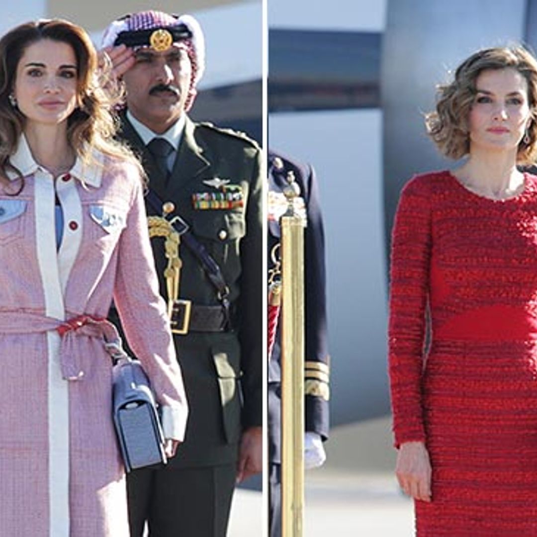 ¡Encuentro de estilismos 'reales'!: Doña Letizia y Rania de Jordania lucen sus mejores 'looks' en Madrid