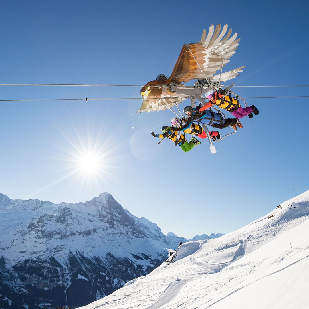 Suspendidos de un cable en el First Glyder, Alpes, Junfrau, Suiza