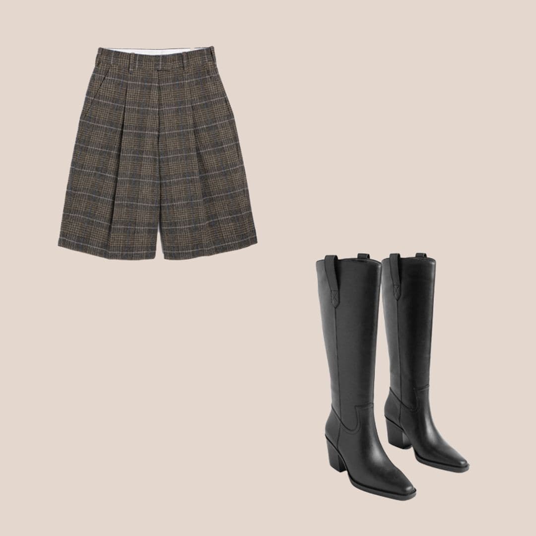 bermudas de tartan y botas altas negras