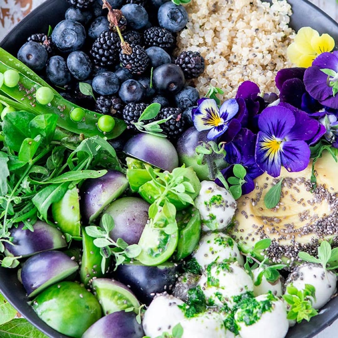 Bol de quinoa con frutos del bosque, mozzarella y aguacate