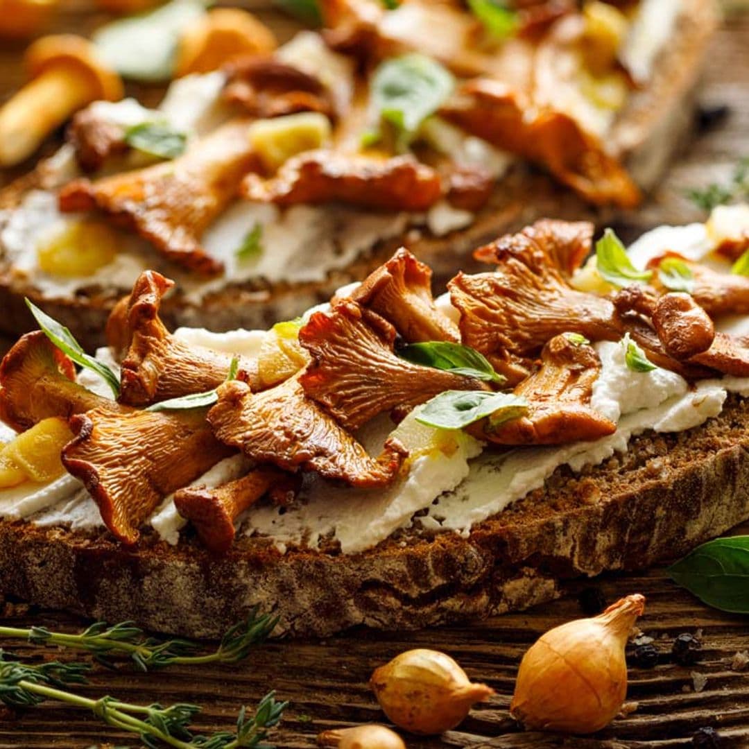 Tosta de rebozuelos con chalota y queso de cabra