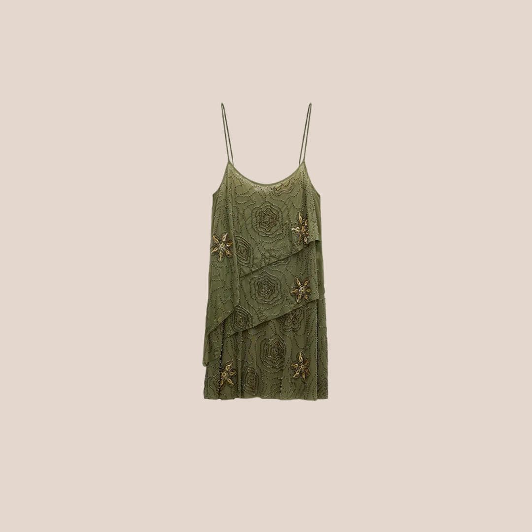 Short olive green boho dress with glitter