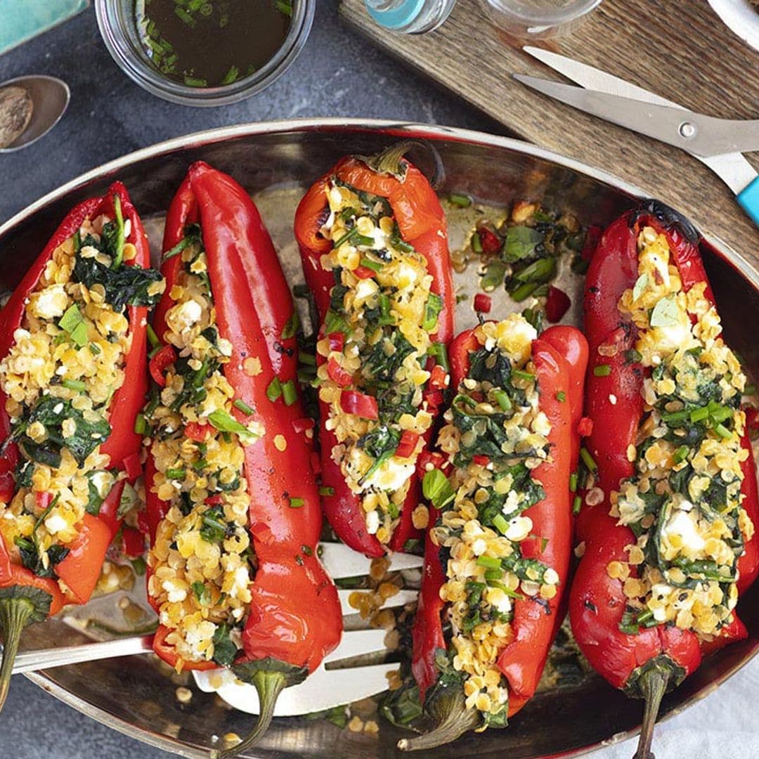 Pimientos rellenos de lentejas y espinacas