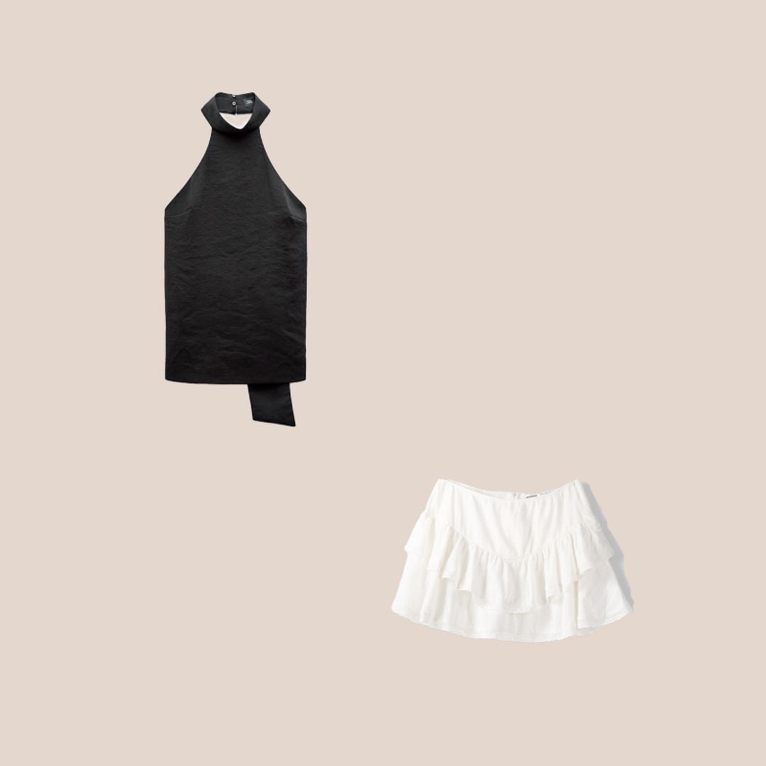 falda de volantes blanca y top halter largo negro