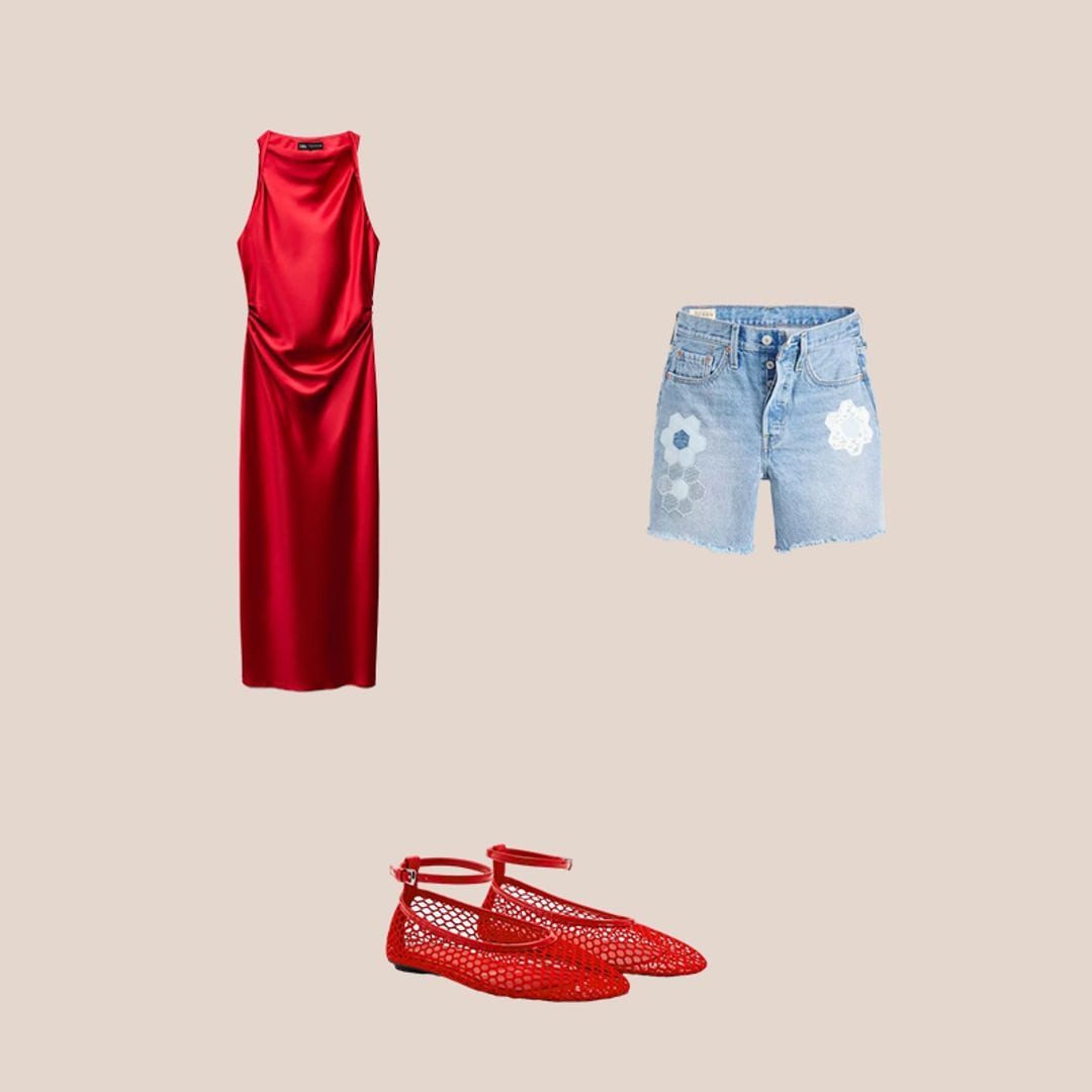 Vestido rojo largo, bailarinas de rejilla y shorts denim