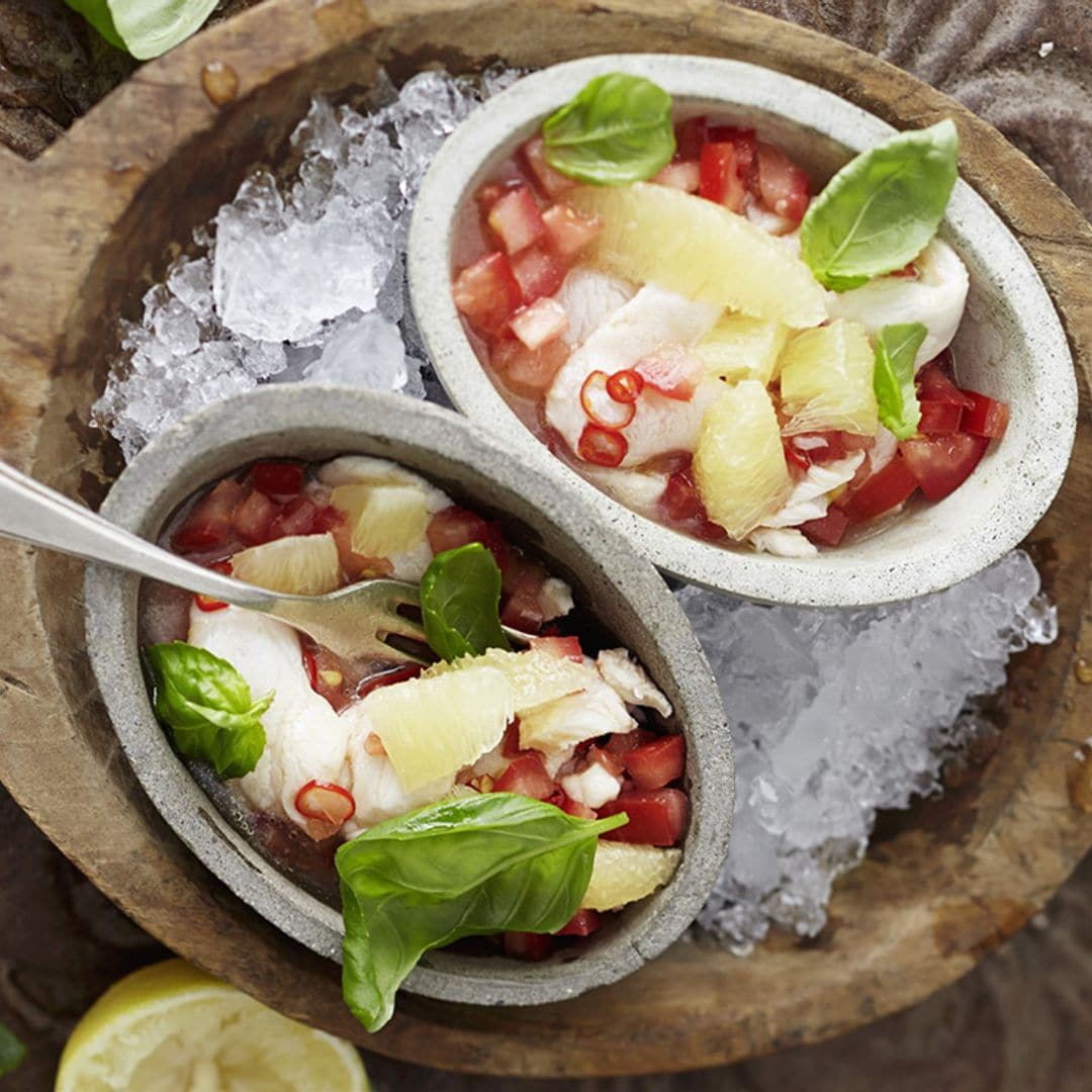 Ceviche de bacalao con gajos de limón