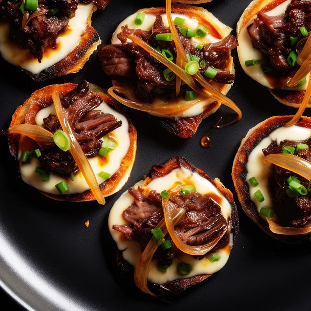 Canapés de ternera desmechada con queso y cebolla caramelizada