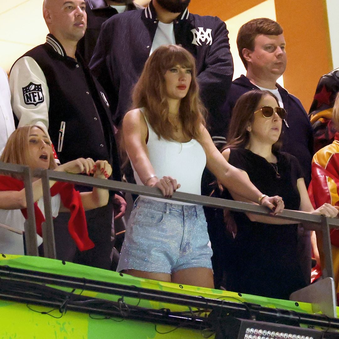 Ashley Avignone, Taylor Swift, Alana Haim and Este Haim attend Super Bowl LIX at Caesars Superdome on February 09, 2025 in New Orleans, Louisiana. (Photo by Gregory Shamus/Getty Images)