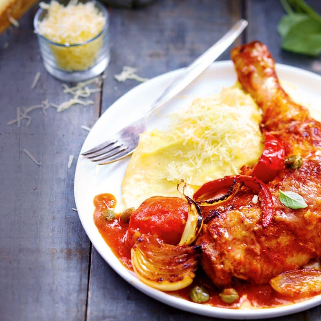 Pollo gratinado con queso Gruyère y puré de polenta