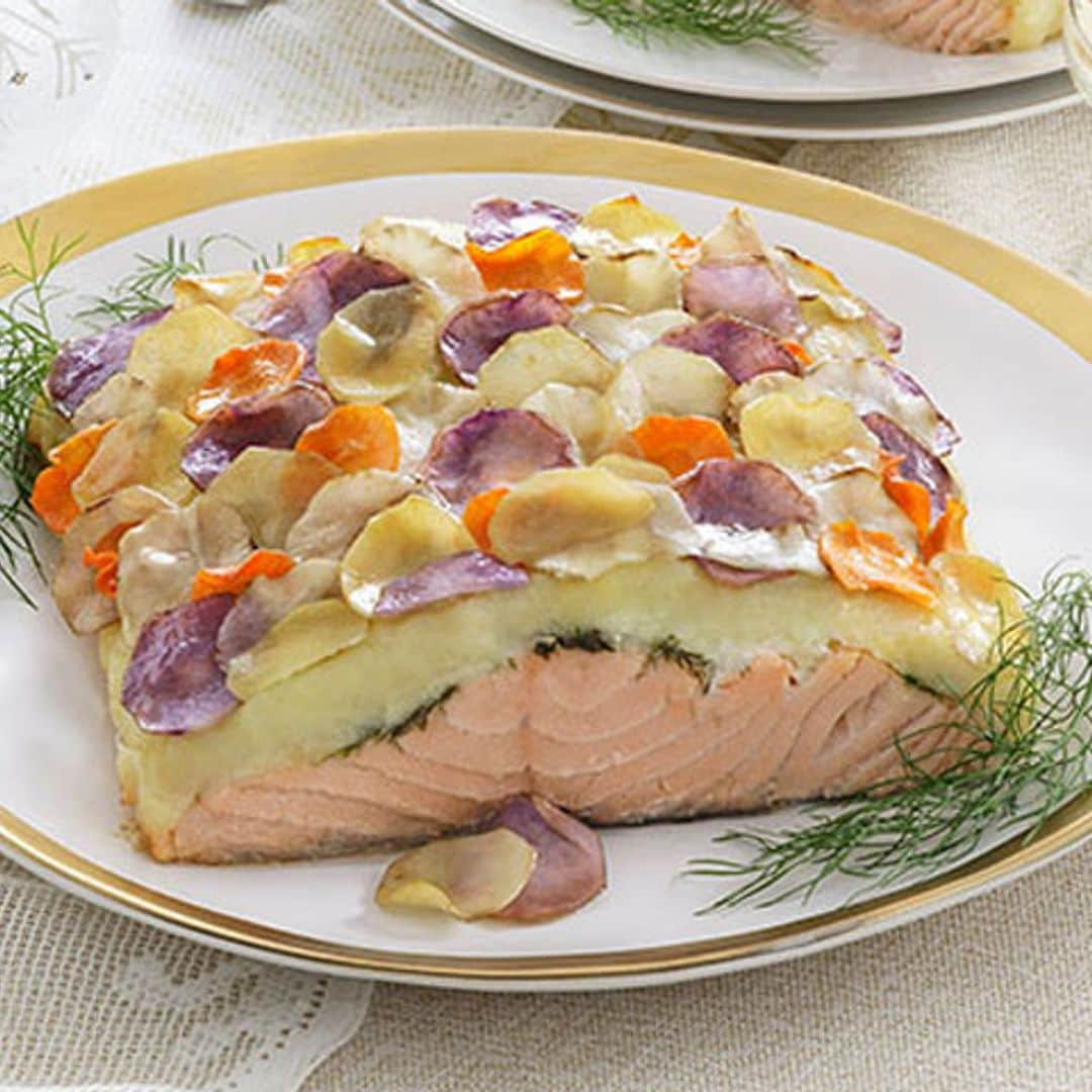 Salmón con gratín de patata y coliflor