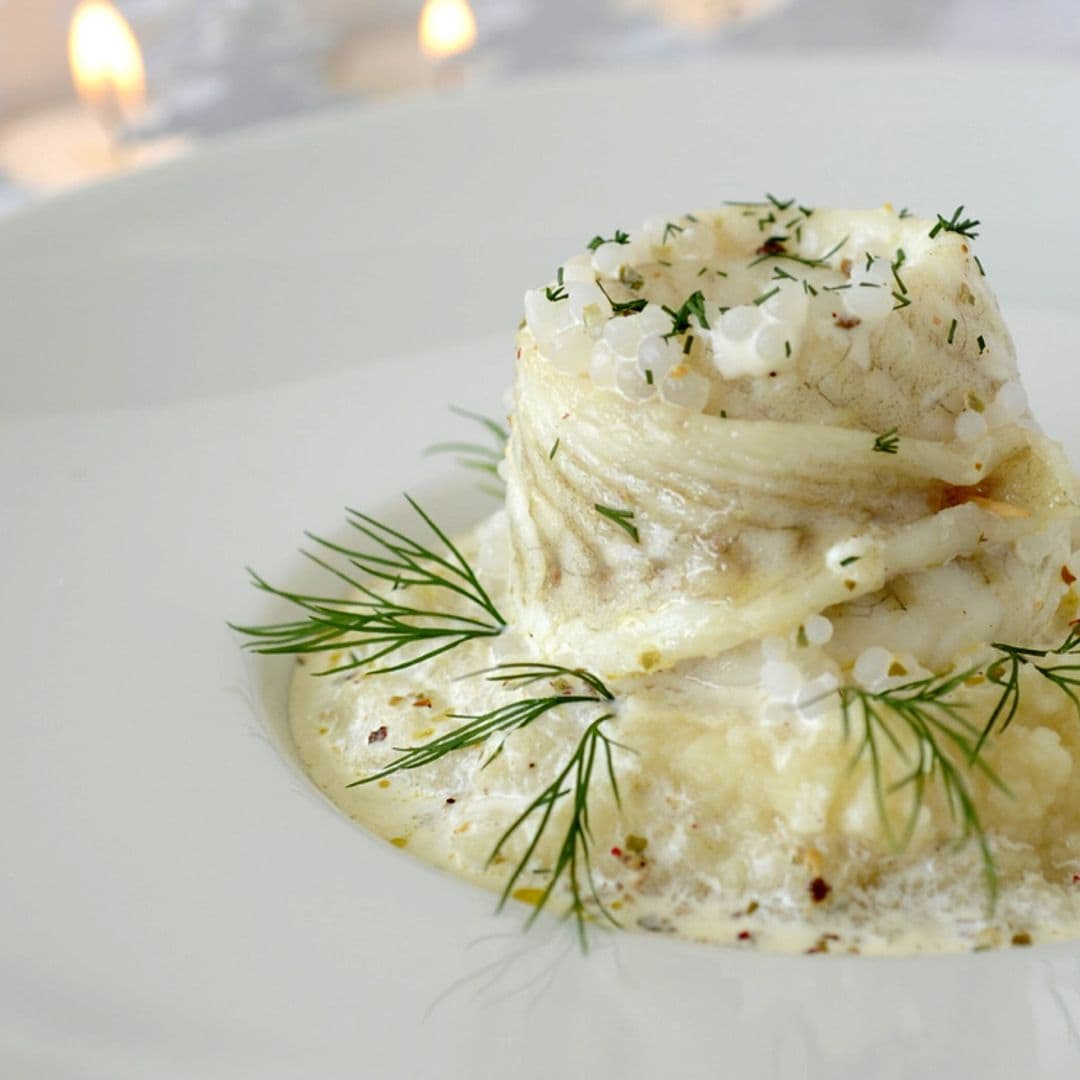 Lenguado relleno de crema de puerros con perlas de tapioca