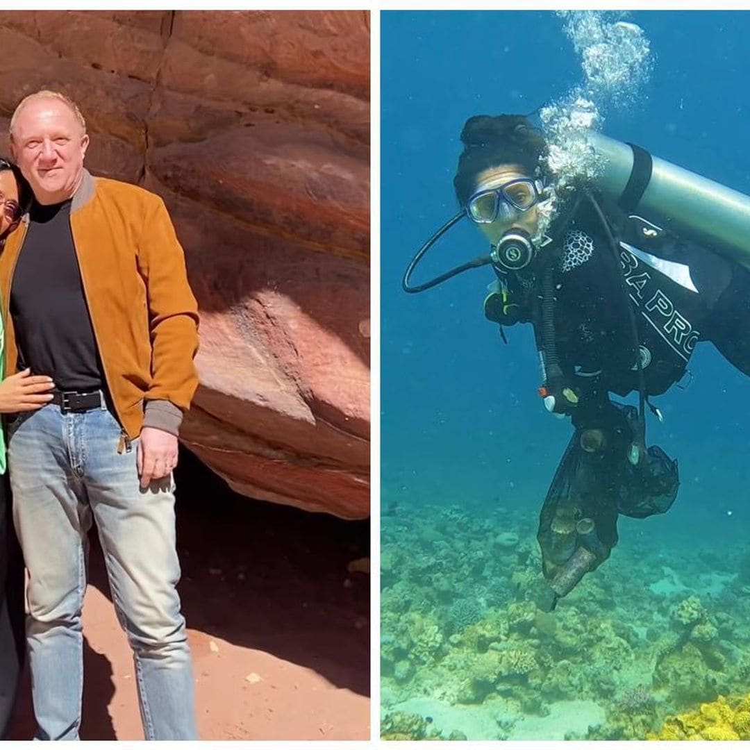 Salma Hayek y su esposo François-Henri Pinault limpian el fondo marino en Jordania