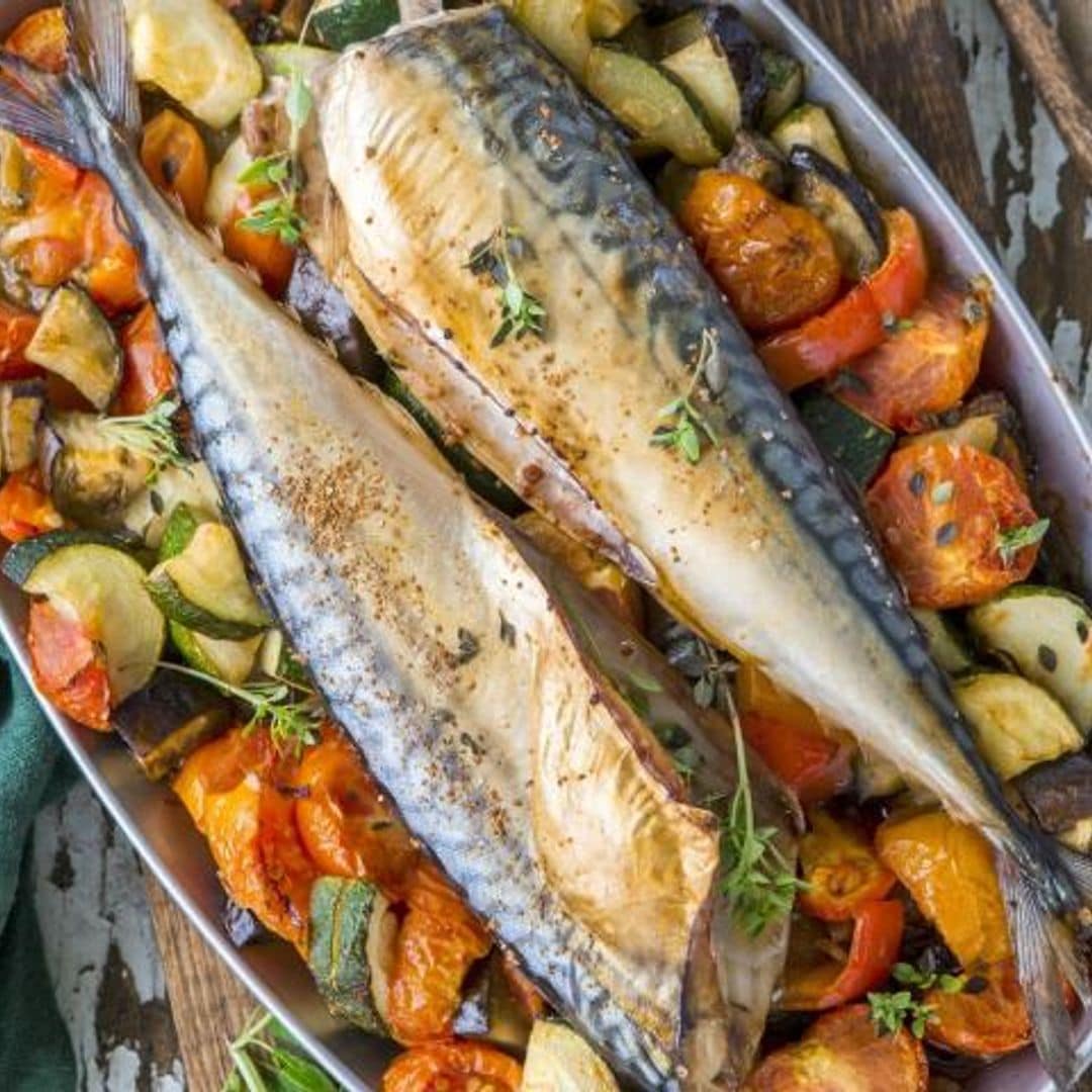 Caballas al horno con base de calabacín y tomates