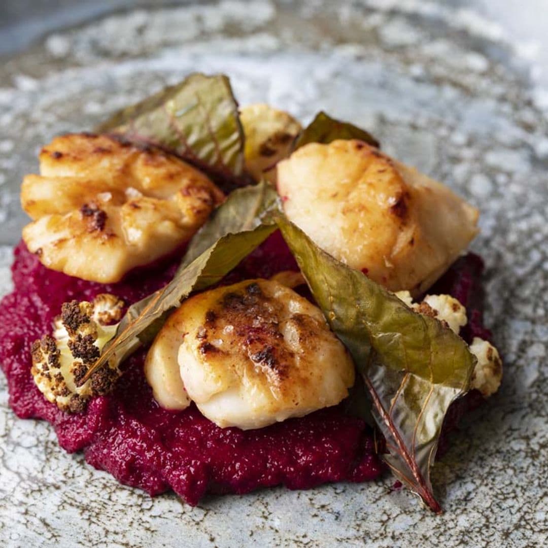 Vieiras la plancha con coliflor y puré de remolacha