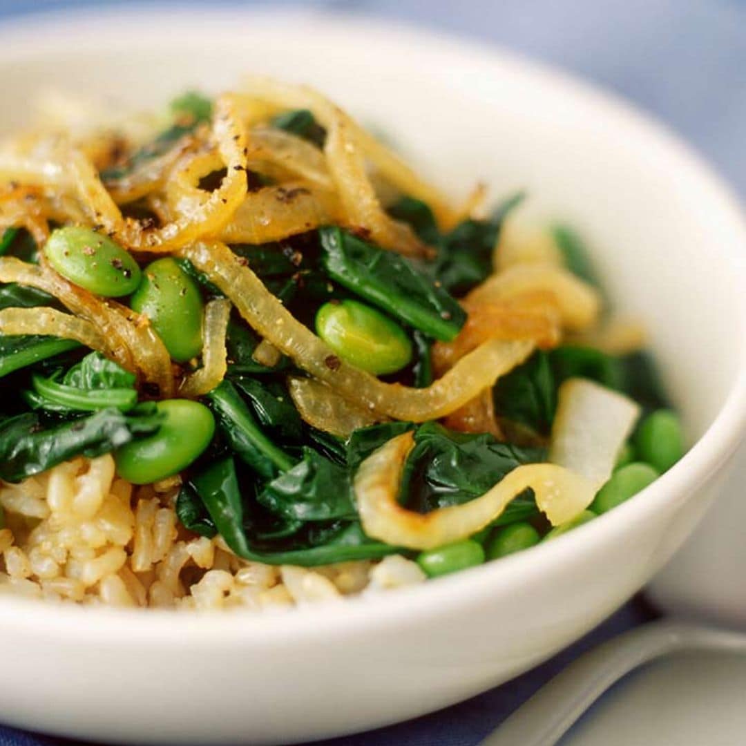 Arroz integral con espinacas y judías verdes