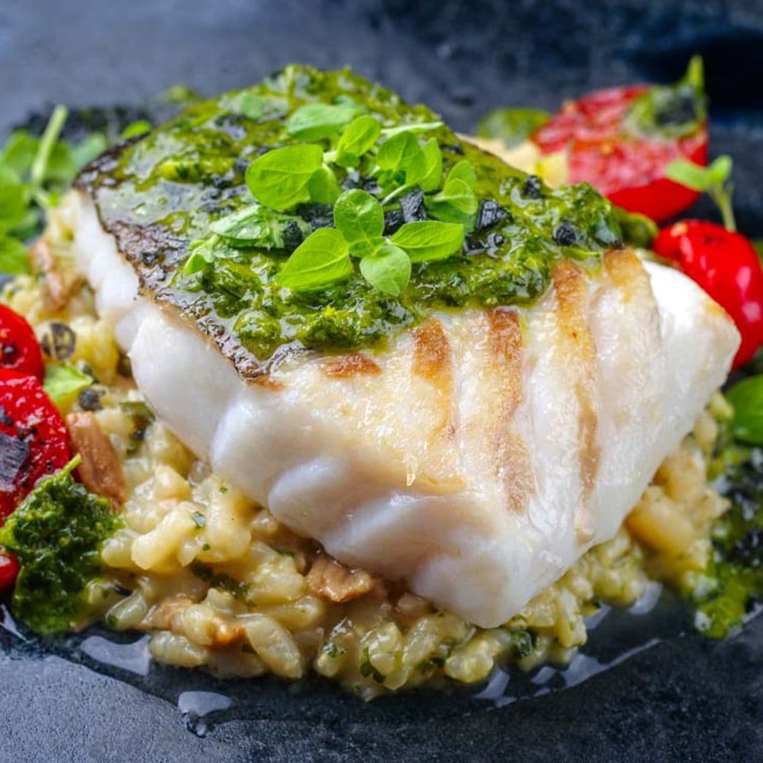 Skrei con aceite de orégano y 'risotto' de champiñones