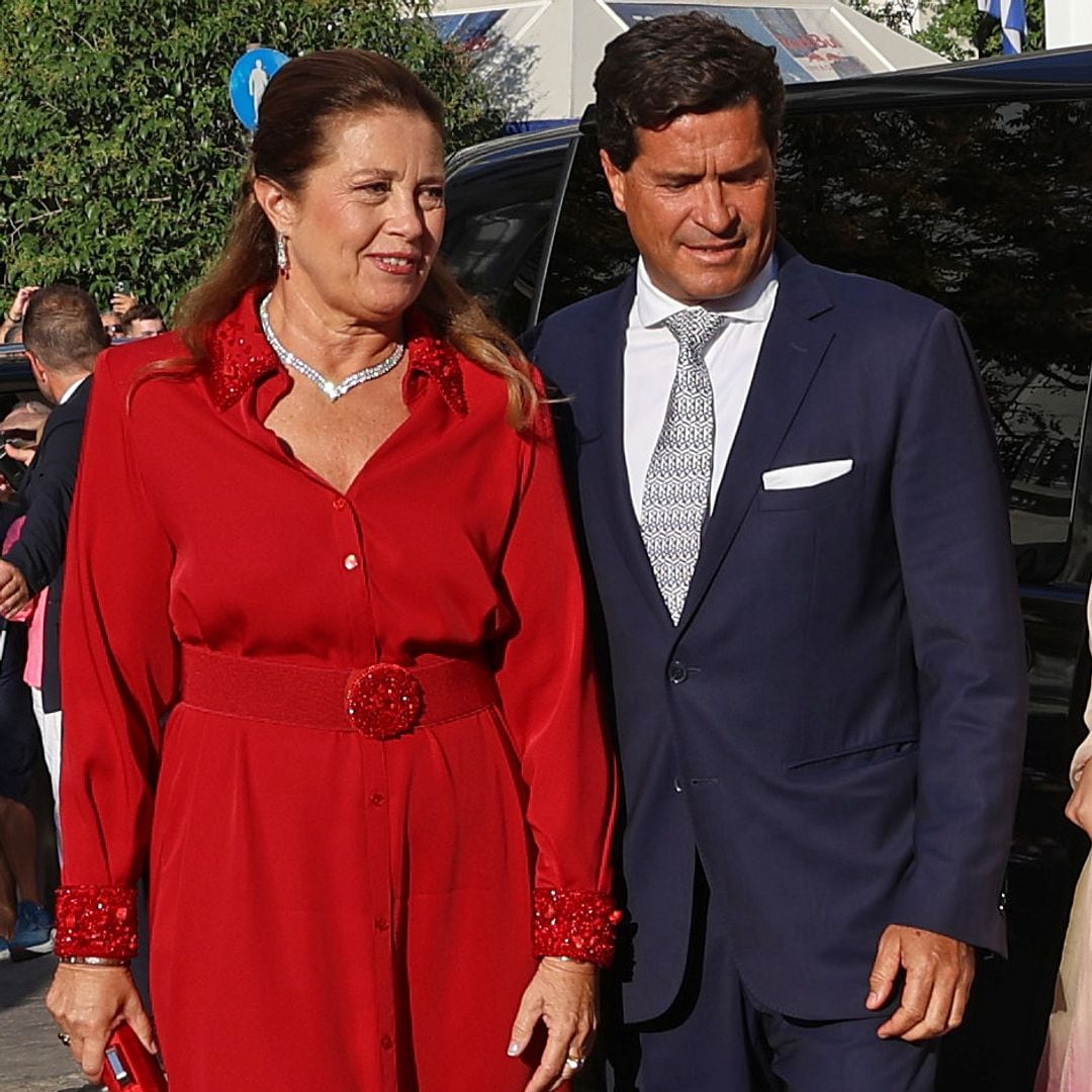 Alexia of Greece and Carlos Morales with three of their four children arrive at the Athens Cathedral to attend the marriage between Theodora of Greece, fourth daughter of King Constantine II of Greece, with Matthew Kumar, on September 28, 2024, in Athens (Greece)