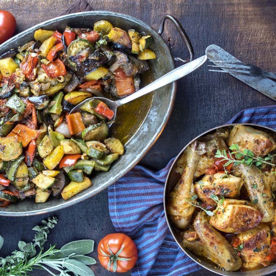 Pollo guisado con 'ratatouille' al horno