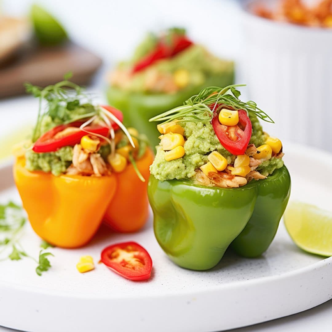 Pimientos rellenos de guacamole, cebolla cruijente y maíz