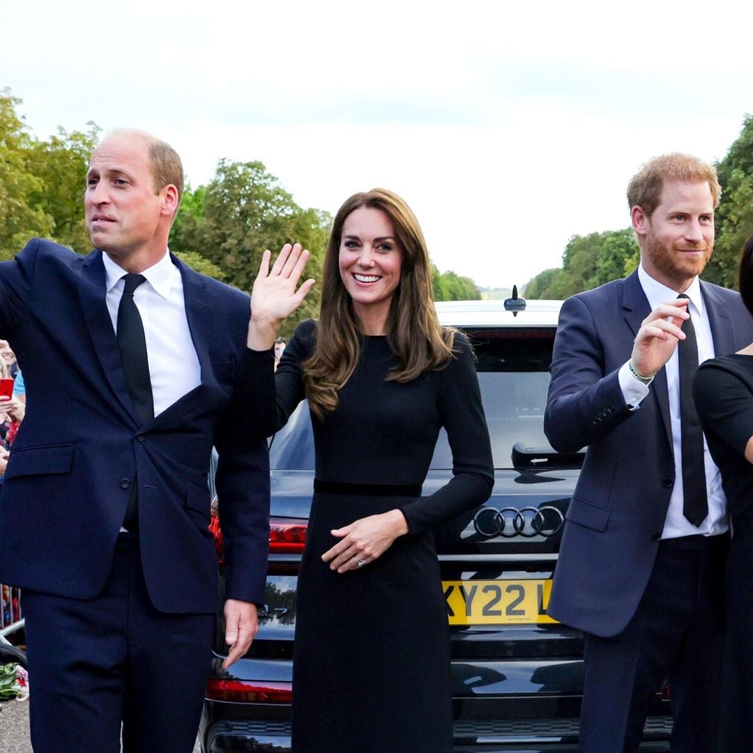 catherine princess of wales prince william prince of wales prince harry duke of sussex and meghan duchess of sussex on the long walk at windsor castle on september 10 2022 in windsor england 