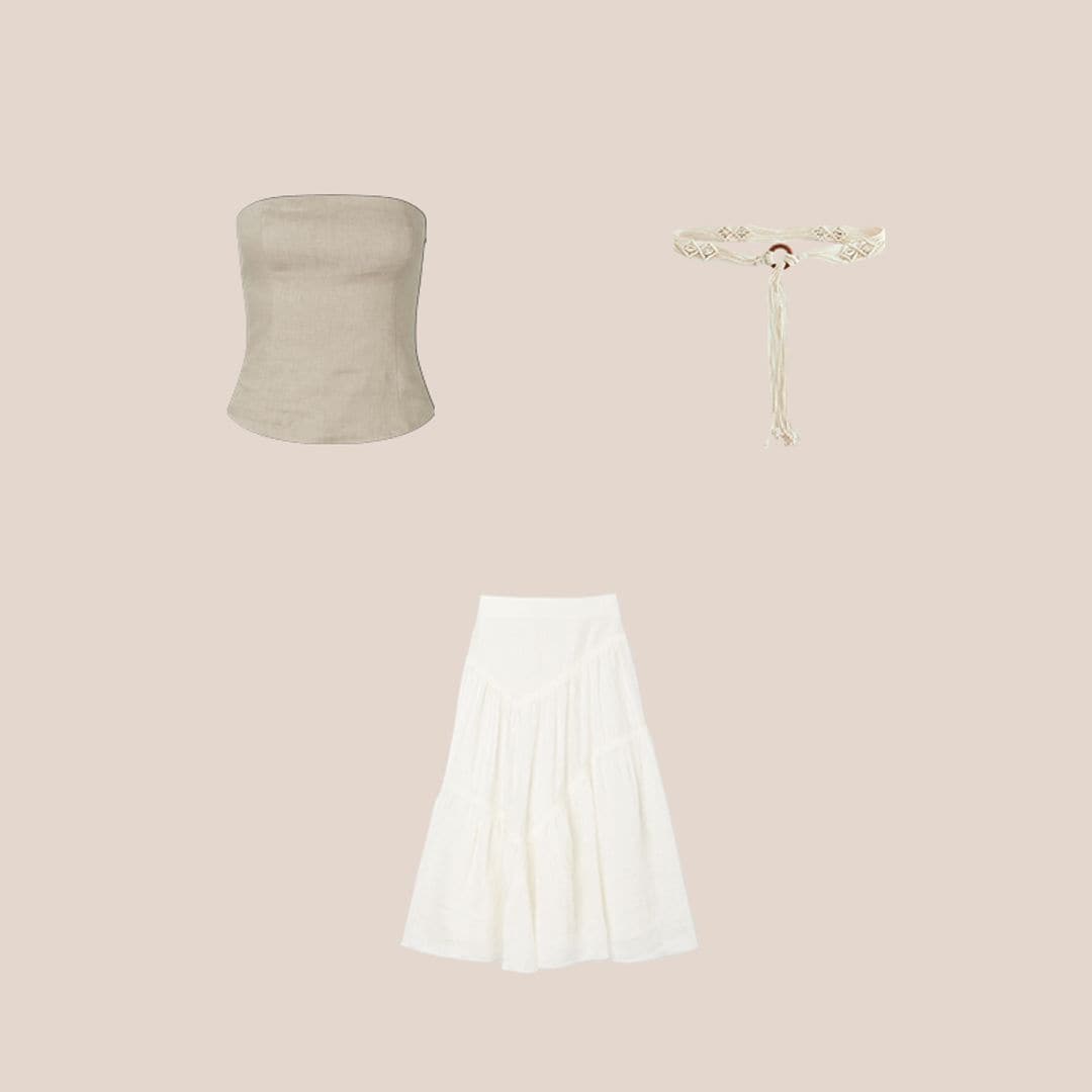 falda boho blanca, top strapless beige y cintuon trenzado crema 