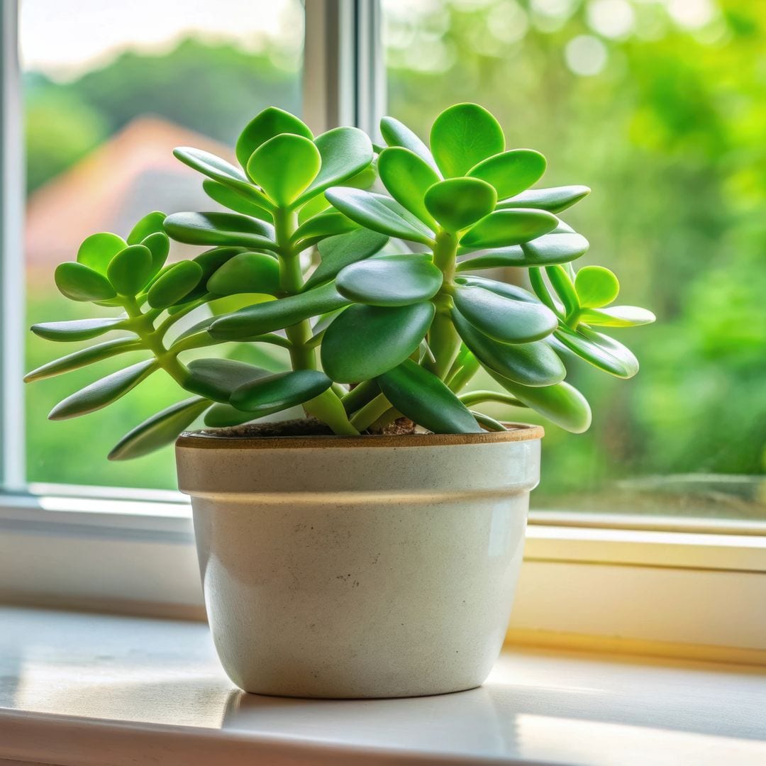 Árbol de jade en maceta junto a una ventana