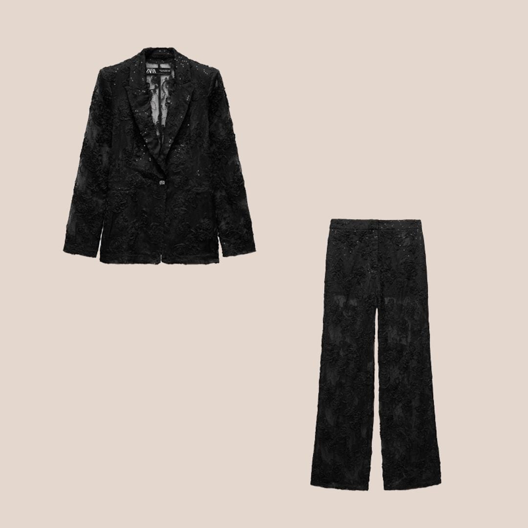 Traje negro de encaje de blazer y pantalon