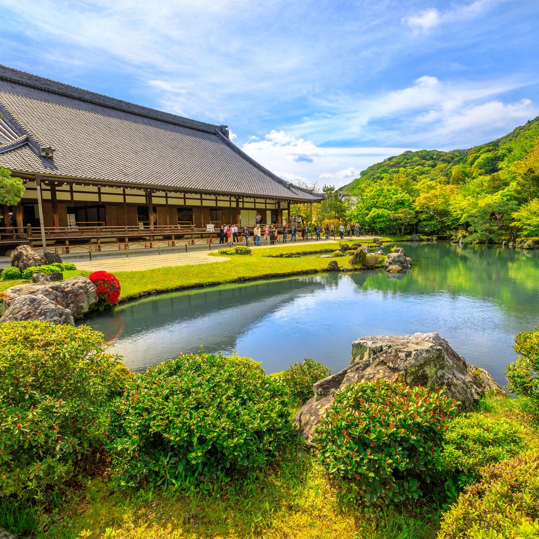 Hojo Hall and the picturesque Sogen Garden or Sogenchi Teien with a circular walk centered around the Sogen-chi Pond at Tenryu-ji Zen Temple in Arashiyama.