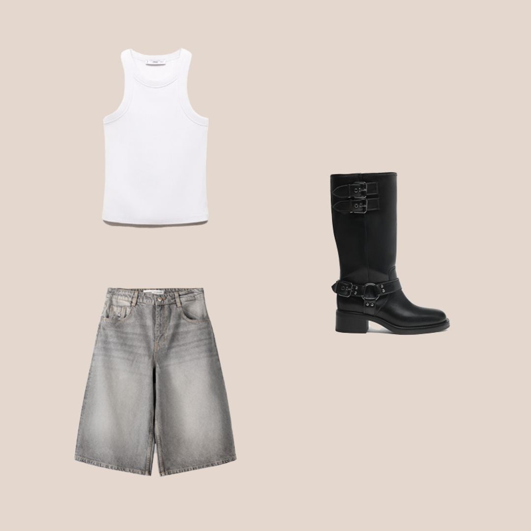 Jort denim gris, tank top blanco, botas biker