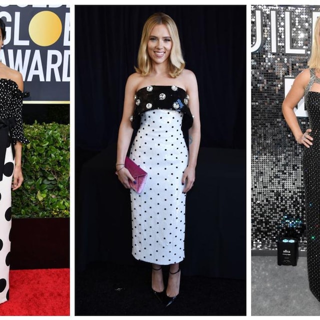 collage de zoe kravitz scarlett johansson y reese witherspoon con vestidos de polka dots