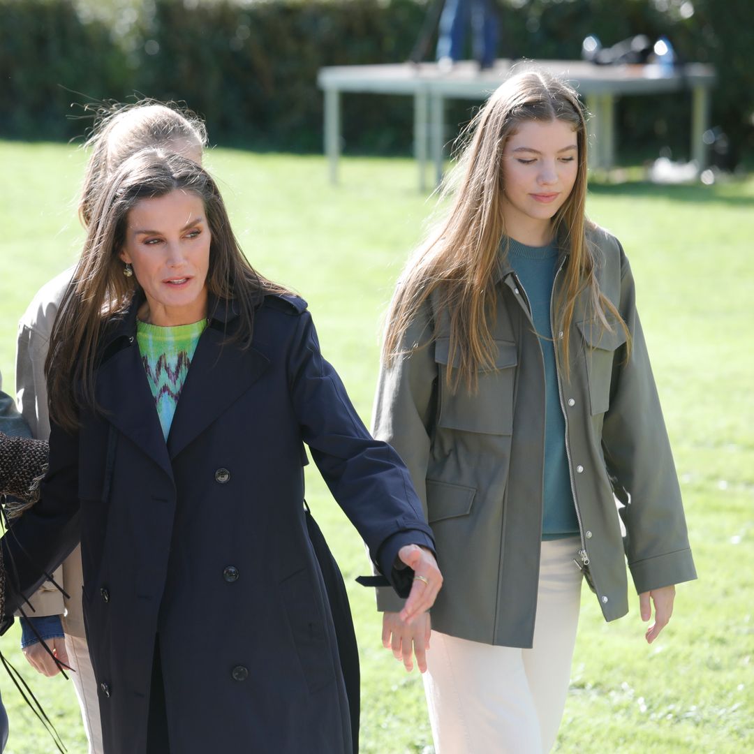 PEON, VILLAVICIOSA ASTURIAS, SPAIN - OCTOBER 21: Queen Letizia (c) and Infanta Sofia (d) on their arrival at the presentation of the Exemplary Town of Asturias 2023 Award on October 21, 2023, in Peon, Villaviciosa, Asturias, Spain. The parishes of Arroes, Pion and Candanal, located in the council of Villaviciosa, receive this year's Exemplary Village of Asturias Award for having managed to preserve a diversified economy based on local resources and which has allowed a recovery of the social base thanks to the growth and rejuvenation of its population. The Exemplary Town of Asturias Award has been given annually since it was first awarded in 1990 to "the town, village, population center, landscape space or human group of the Principality of Asturias that has stood out in a remarkable way in the defense and conservation of its natural and environmental surroundings, its historical, cultural or artistic heritage, in initiatives of economic and social promotion or in the realization of communal works or other outstanding manifestations of solidarity". (Photo By Jorge Peteiro/Europa Press via Getty Images)