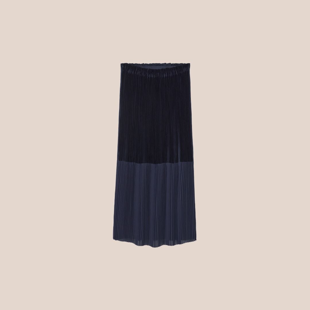 Navy blue pleated midi skirt