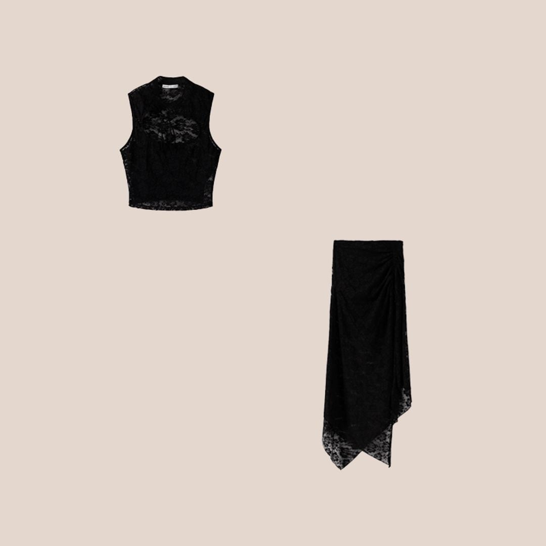 falda y top de encaje negro